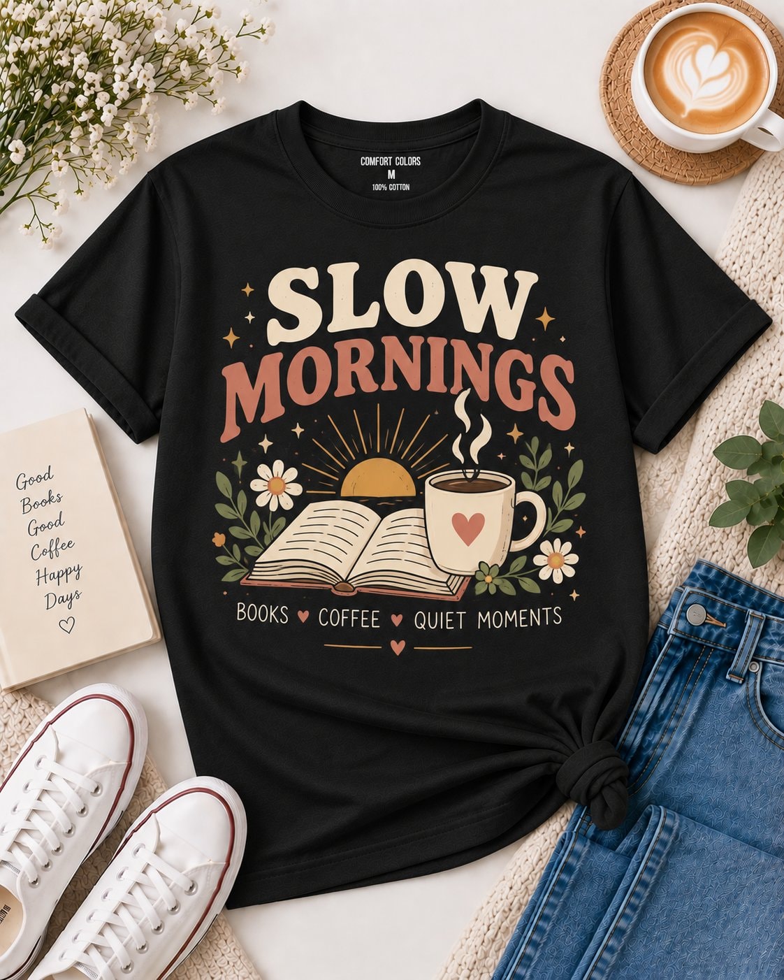 Slow Mornings Books Coffee Women's 2D T-Shirt
