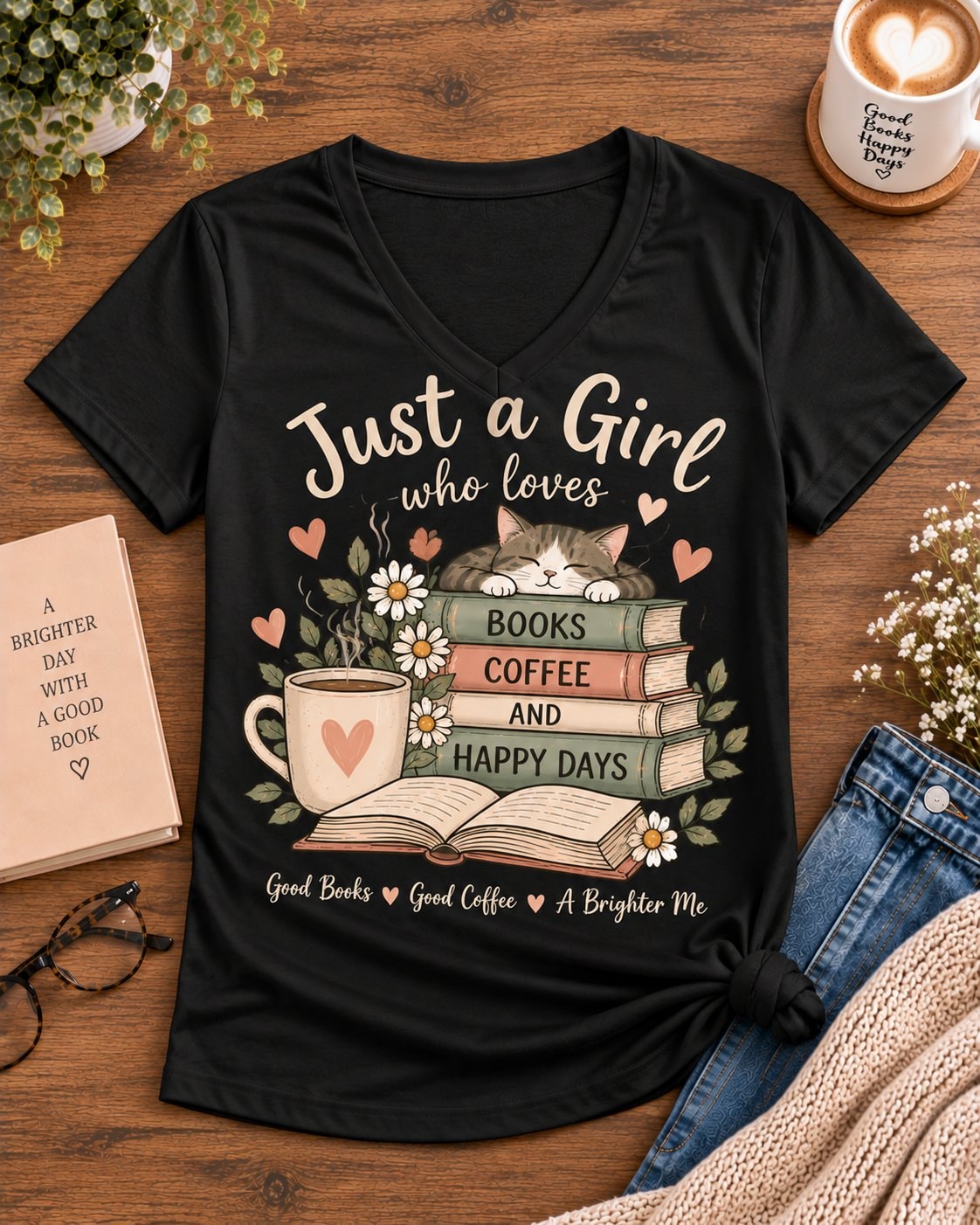 Just A Girl Books Coffee Happy Days Women's 2D V-Neck T-Shirt