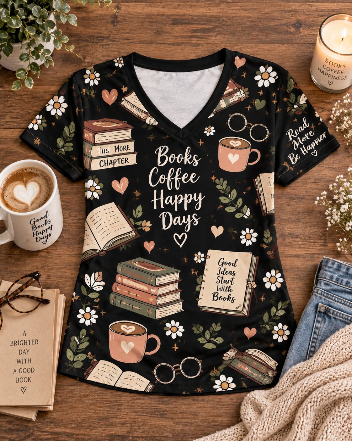 Books Coffee Happy Days Women's 2D V-Neck T-Shirt