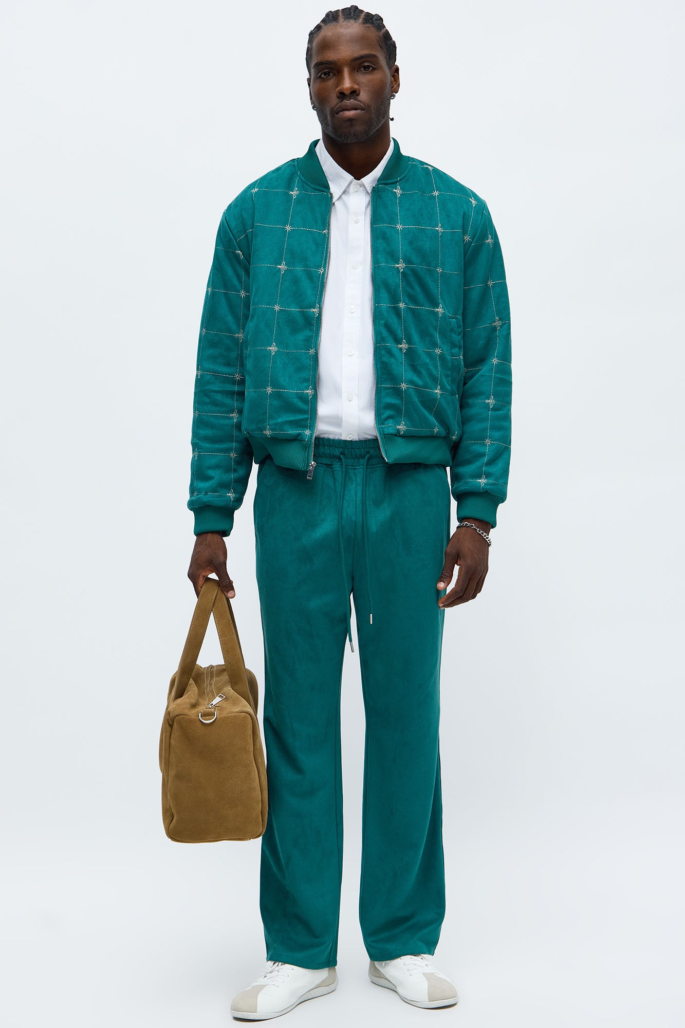 Relaxed Faux Velvet Buzzed Bomber Jacket in Green