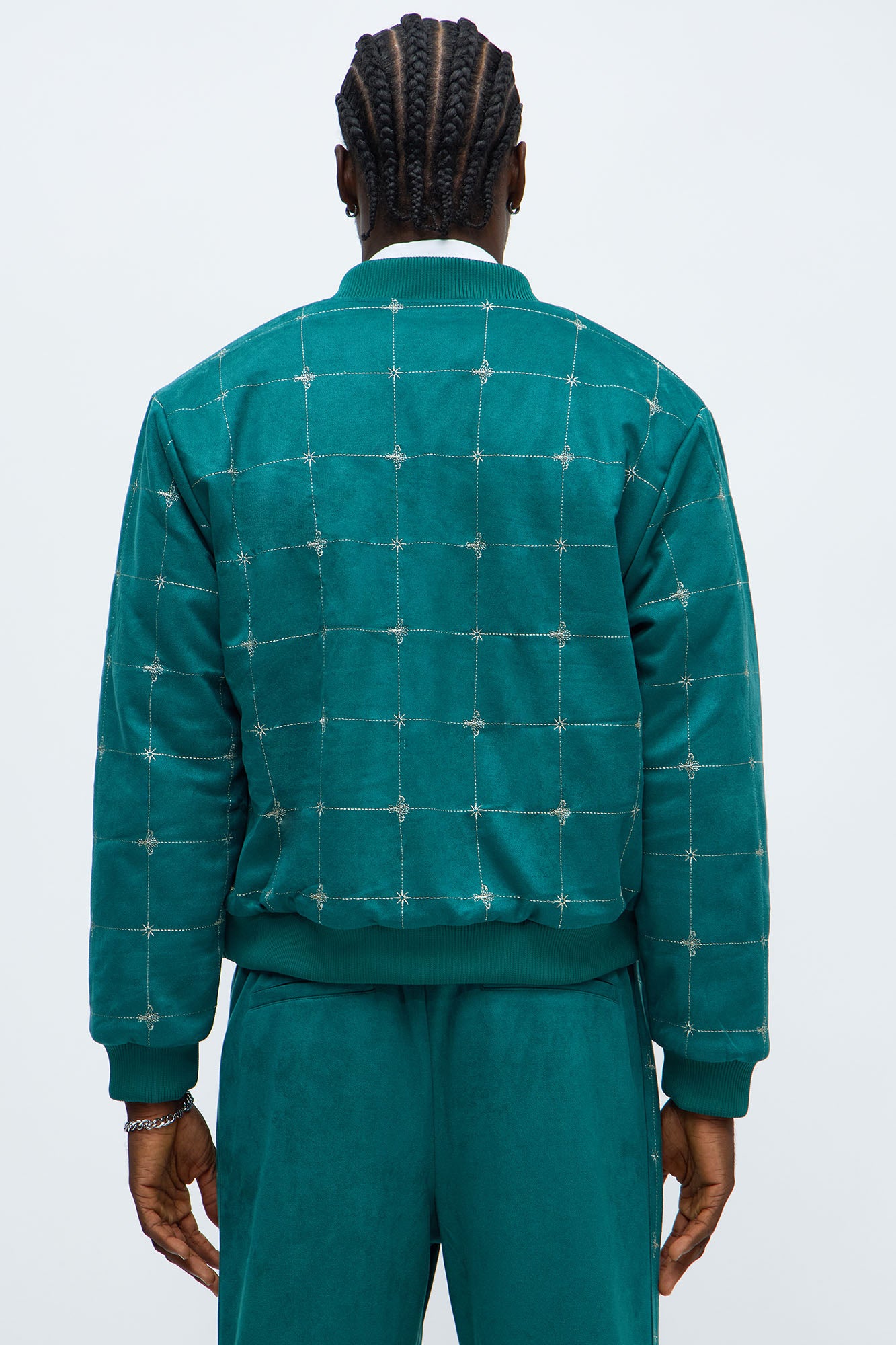 Relaxed Faux Velvet Buzzed Bomber Jacket in Green